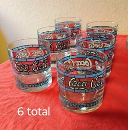 Set Of Six Vintage Coca-Cola Short Tumblers With Stained Glass Look