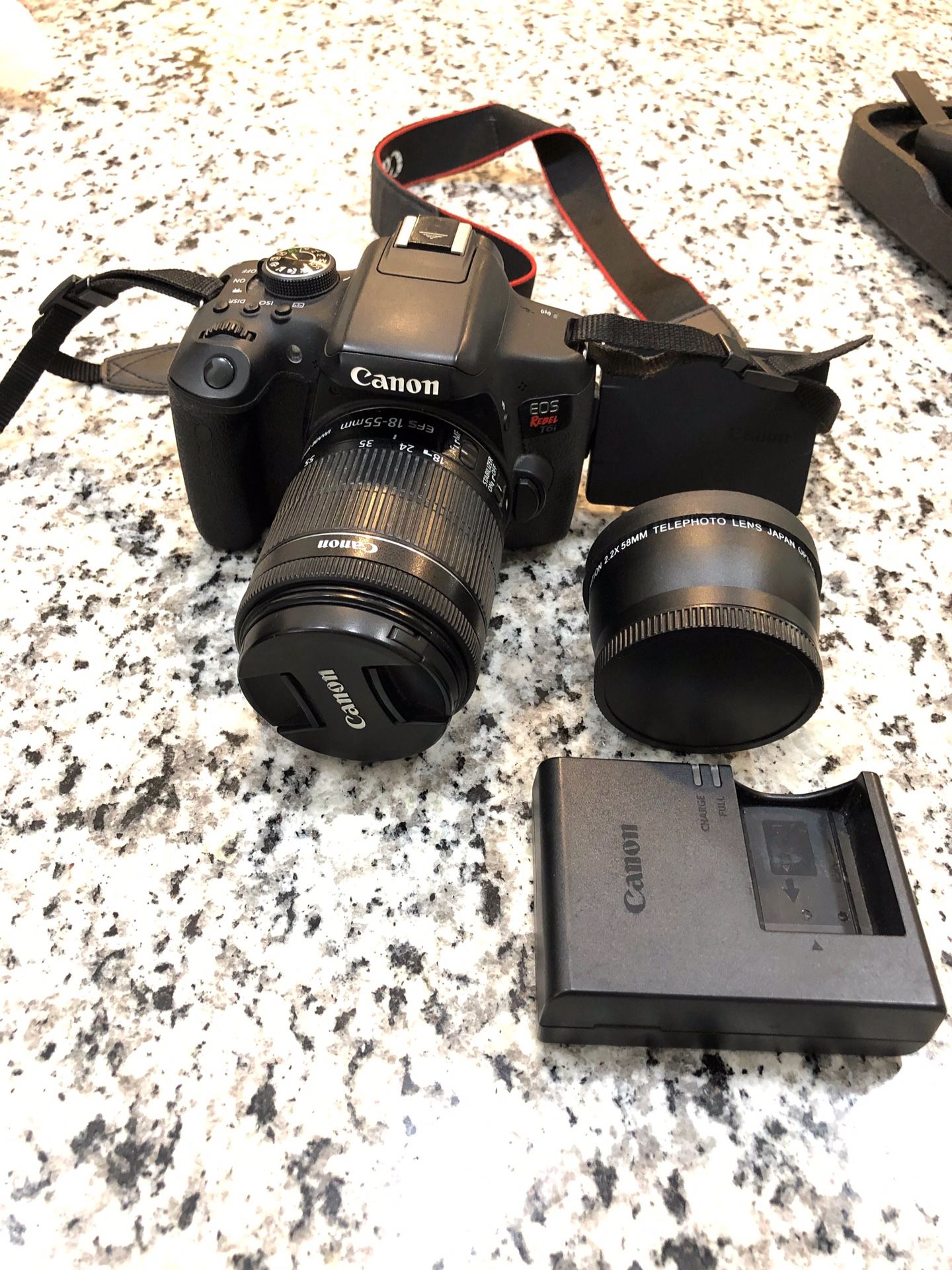 Canon T6i professional DSLR camera with two lenses (18-55mm and 2.2x 58mm telephoto lens)