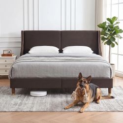 Melaya Wingback Upholstered Platform Bed Frame - Brown, Size King