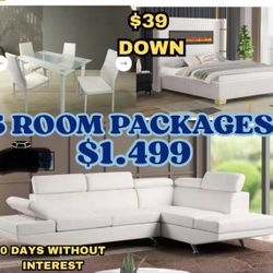 NEW 3 ROOM PACKAGE DEAL- BED MATTRESS DINING ROOM SECTIONAL SOFA AND MORE 
