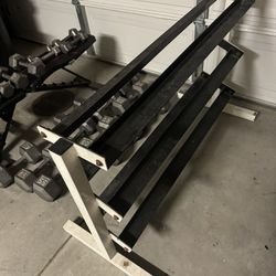 dumbbell set, rack, and bench