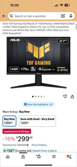 ASUS TUF VG27AQL1A 27” 1440p (2560x1440) 144hz 1ms G-Sync Monitor
