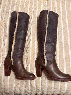 Brown Leather Shearling Trim Knee-High Heeled Boots