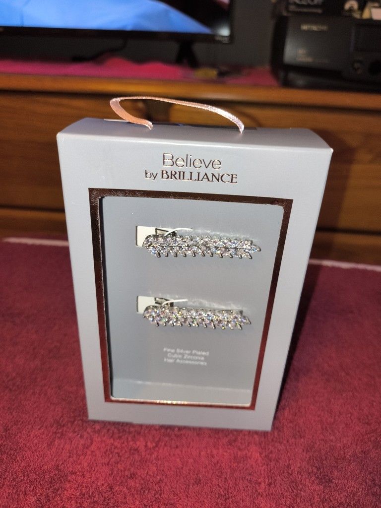 New 2 Believe By Brilliance Fine Silver Cubic Zirconia Hair Clips