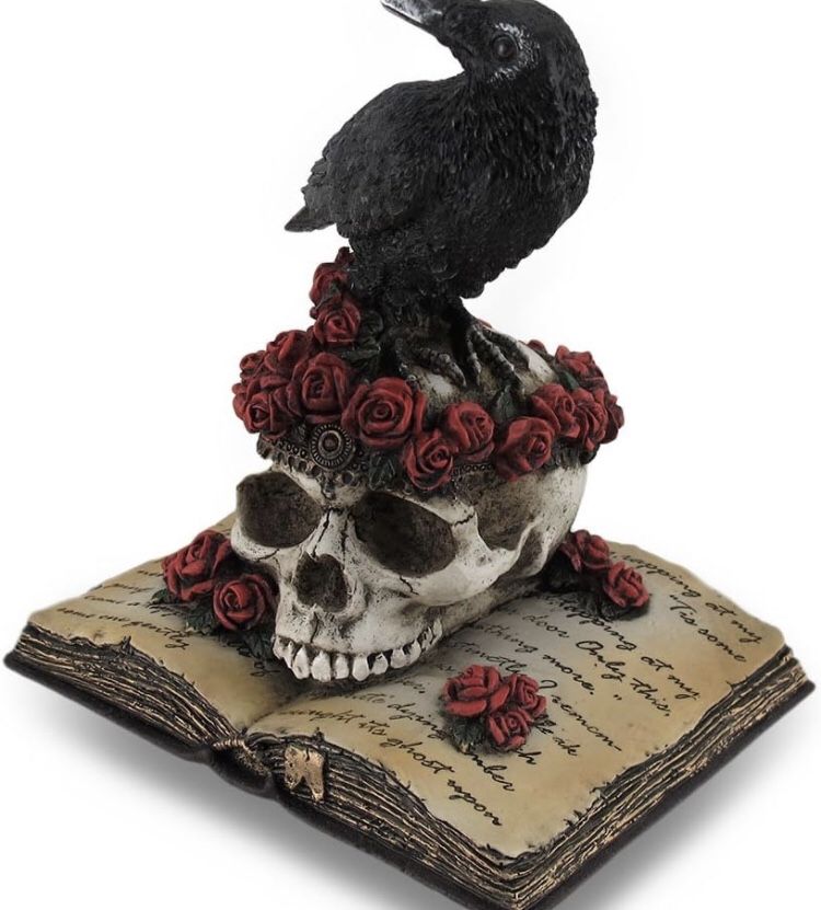 Zeckos Perched Raven On Rose Skull and Open Poetry Book Statue