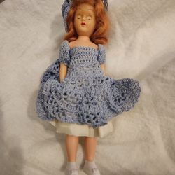 Vintage Sleepy Eye Plastic Doll w/ Handmade Blue Crochet Dress Hat

