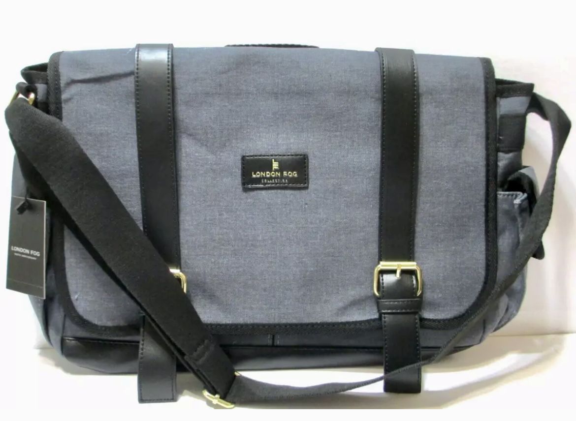 NEW London Fog Collection Canvas Messenger Bag Gray Denim