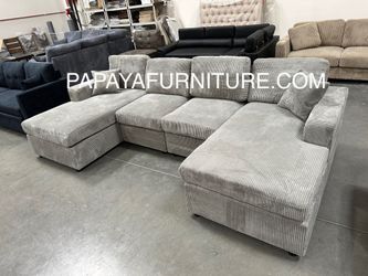 NEW 120” Sectional with TWO Chaise Lounge U-shaped Sofa Set Gray Fabric Light Grey Big Large Couch Apartment Size Living Room Space Game Entertainment