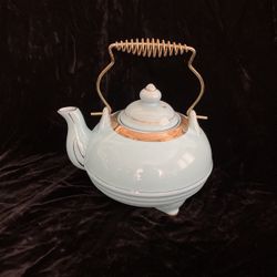Vintage turquoise Tea Pot With Gold Accents And Metal  Bail