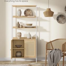 6-Tier Bookcase, Bookshelf with Rattan-Like Door, Boho Style, Freestanding 30.1-Inch Wide Storage Shelf, Metal Frame, Adjustable Shelf, for Living Roo