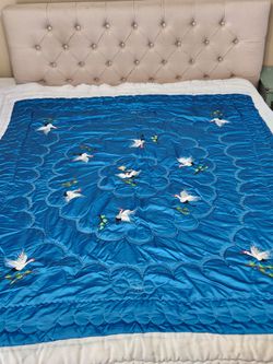 Vintage Korean Silk Satin Wedding Quilt Blanket Teal Blue Embroidered Cranes Large