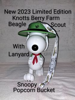 New 2023 Limited Edition Knotts Berry Farm Beagle Scout Snoopy Popcorn Bucket With Lanyard