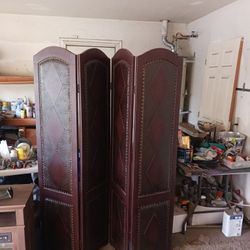 4 Panel Wood And Faux Leather Privacy Screen 