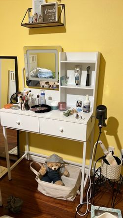 White Vanity Desk with Mirror and Shelves