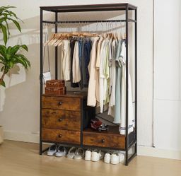Heavy Duty Garment Rack with Drawers Clothes Rack for Hanging Clothes, Industrial Clothing Racks with Shelves, 4 Fabric Drawer, Freestanding Closet Or