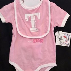 (12month) brand new two-piece texas rangers pink onesie and bib with official baseball emblem