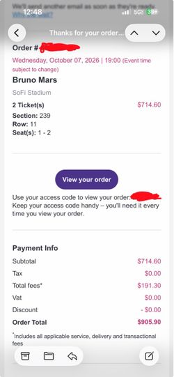 Bruno Mars SoFi Stadium Concert Tickets - 2 Tickets 10/7 Wednesday
