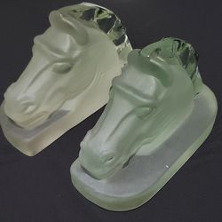 Vintage Bookends Horse Heads Heavy Glass  