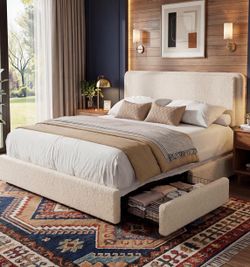 Garvee King Size Teddy Fleece Bed Frame, Upholstered Platform Bed with 2 Storage Drawers, Height Adjustable Cloud Headboard,
