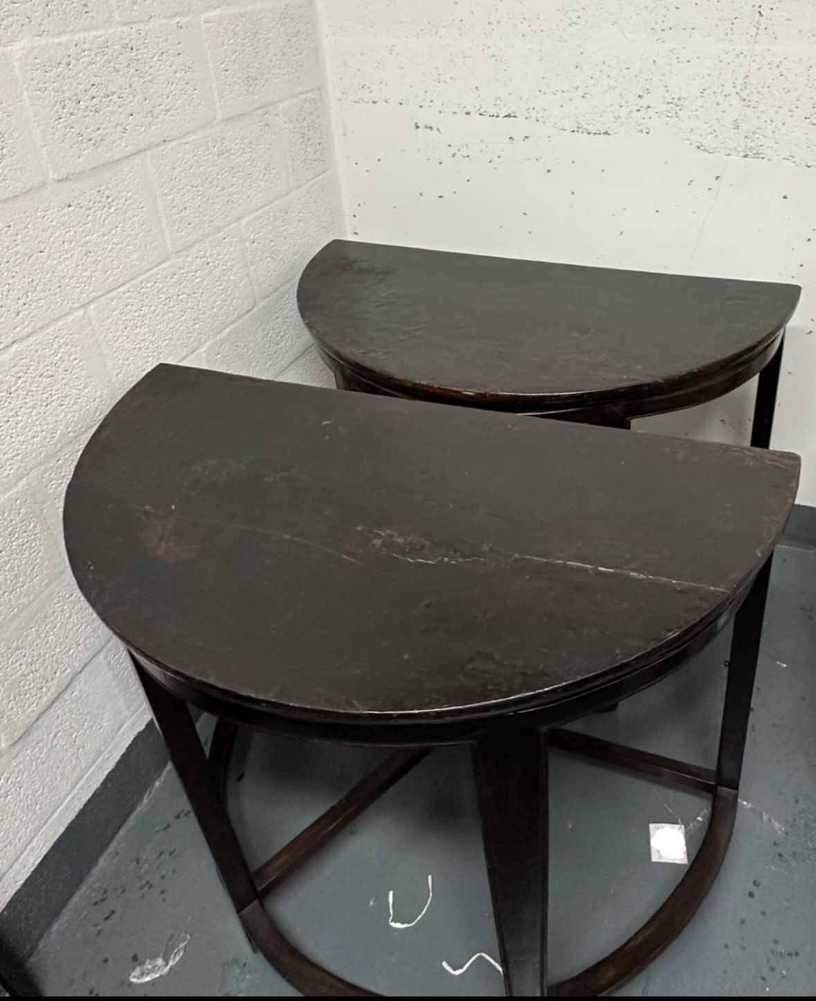 Entryway Tables: Half-Moon; Vintage Dark Wood