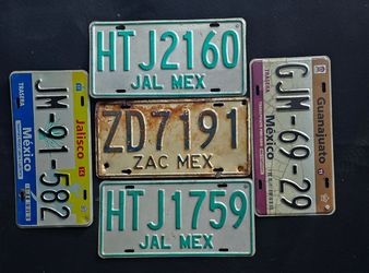 Vintage Mexican license plates from the states of Jalisco (JAL) and Zacatecas (ZAC). Guanajuato (Gto)
The Jalisco plates feature a distinctive green a