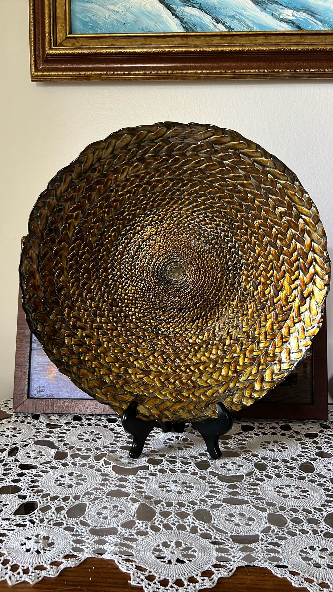 DECO 79 Light & Dark Brown Tree Ring Design Braided Glass Bowl MI Turkey 16”Wx3”H