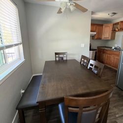 6-Piece Dining Set with Bench – Dark Wood Finish