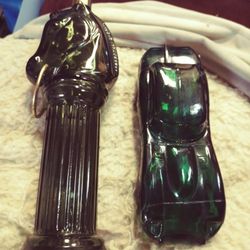 Vintage Avon Pony Post Decanter Tribute Bottle And Avon Jaguar Car Decanter Green Glass Bottle