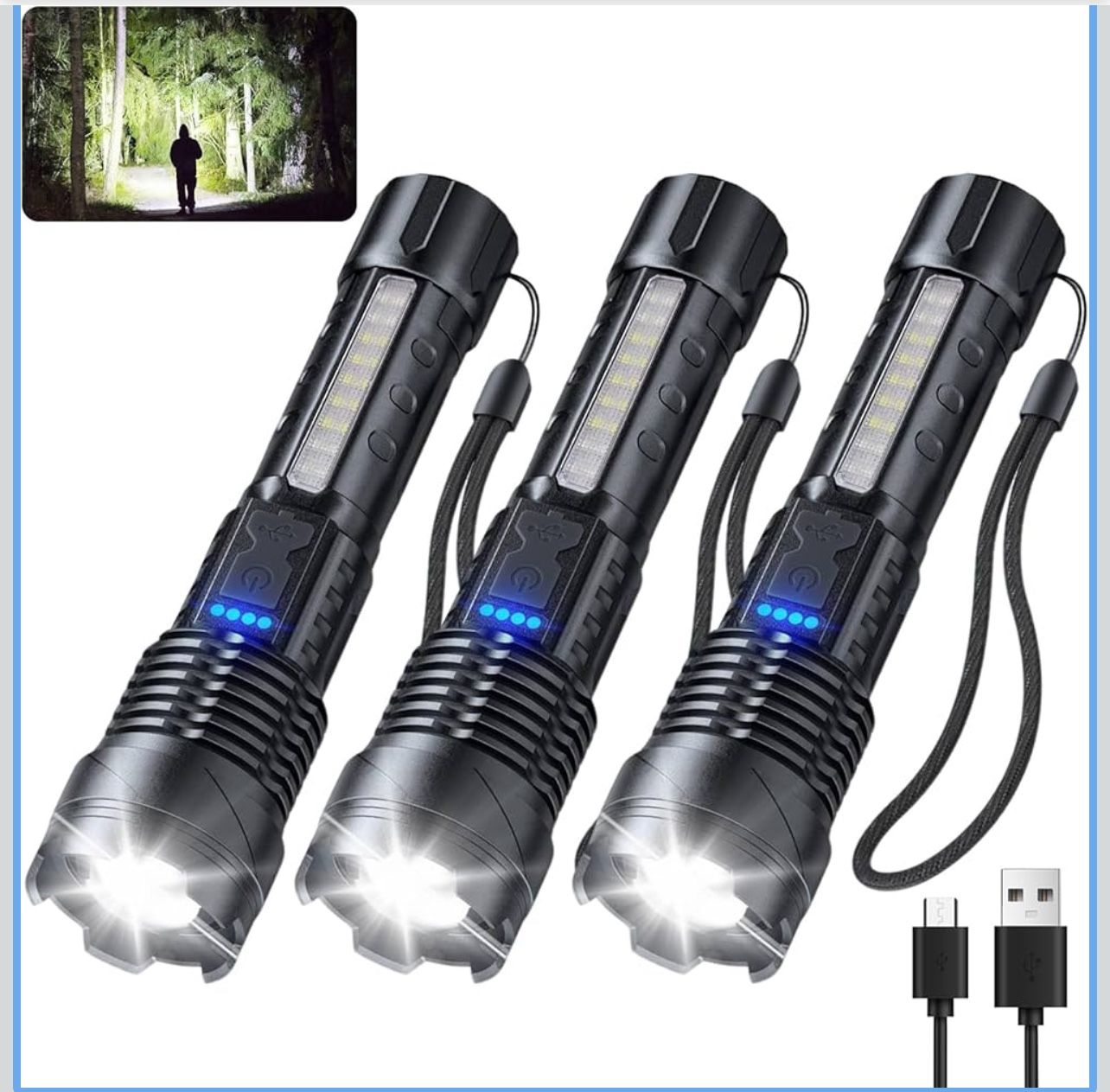 Flashlight 3 Pack, Rechargeable Flashlights High Lumens, 7 Modes LED Flashlight with IP67 Waterproof, Adjustable Handheld Tactical Flashlight for Camp