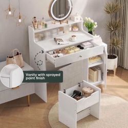     Vanity, Makeup Vanity Desk with Rotatable Mirror and Lights, White Make Up Vanity Table with 3 Adjustable Lighted and Chair, Makeu