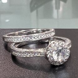 Sterling Silver .72ct Center Cubic Zircona Plus (59) CZ Stone Halo Engagement Ring Wedding Band Combo