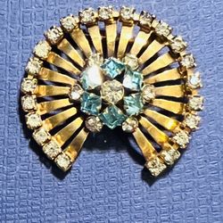 Vintage M & S Gold Tone Blue Rhinestone Atomic Brooch - 1.50”