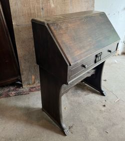 Antique Dark Wood Drop-Front Secretary Desk