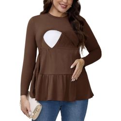 INSPIRE CHIC Womens Nursing Shirts Breastfeeding Tiered Pleated Tunic Long Sleeve Stretch T-Shirt Postpartum Maternity Medium Brown