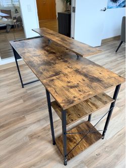Rustic Industrial Computer Desk with Monitor Stand, Shelves & Side Organizer