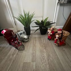 Decorative Lot of 6 – Metal Train & Truck, 2 Faux Plants, 2 Folk Art Dolls