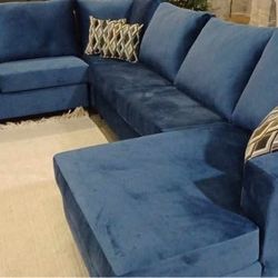 Pitt Velvet Blue U Shaped Sectional Sofa With Chaise /P