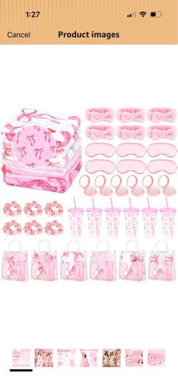 42PCS Sleepover Party Supplies for Girls, 6 Pink Bow Blanket 6 Tumbler 6 Spa Headb 6 Sleep Eye Mask 6 Scrunchies 6 Bags 6 Mirrors Combs for Spa Birthd