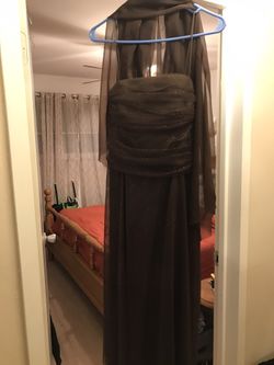 Brown sparkle spaghetti strap evening dress with shear shawl.