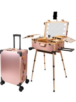 Rolling Makeup Train Case with Mirror and Lights Cosmetic Travel Box Mobile Barber Stations with Bluetooth, Speaker, Wheels, Stands Rose Gold 24-Inch