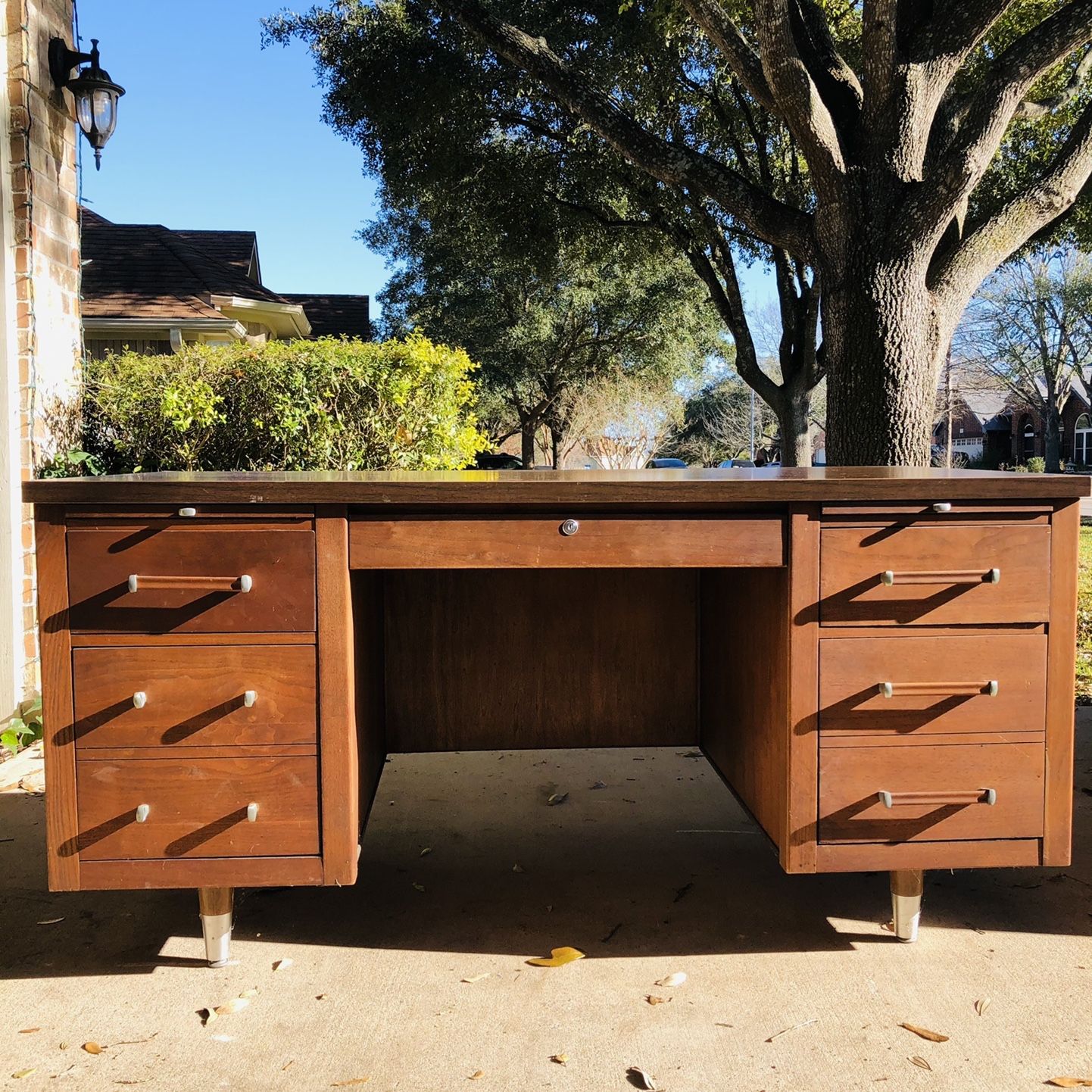 Vintage Mid Century Wooden Alma Desks Co Tanker Desk