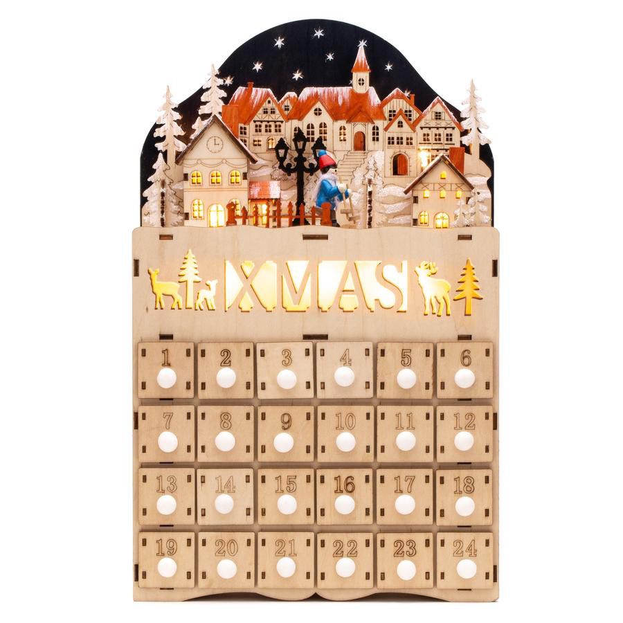 Wooden Christmas Village Advent Calendar Decoration w/ LED Light Background