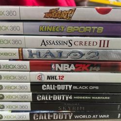 10 XBOX 360 GAMES NBA, NHL, CALL OF DUTY, ASSASSINS CREED, SKYRIM, KINECT ADVENTURES & SPORTS, HALO 