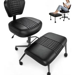 Ergonomic Cross Legged Office Chair with Footrest, 360° Swivel Height Adjustable PU Criss Cross Chair, Wide Seat & Back Support for Home Office, ADHD,