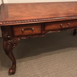  Very ornately Carved Quality Built All Wood Desk, with  Drop Front Drawer  1/4 In  Removable Glass Desk Top Protection In Perfect shape. 30x60 In.