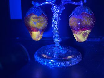 Vintage  Cadmium Glass Strawberry Salt & Pepper Shakers Hanging Silver Stand Japan glowing glass