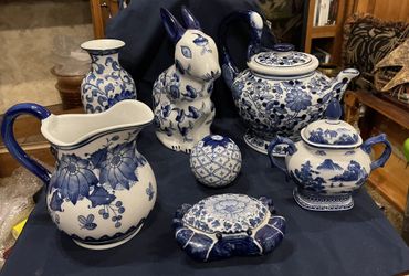 Blue and White Vintage Tea Pots Pitchers And A Collection Of Different Things