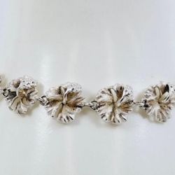 925 Silver Hibiscus Flower Panel Link Chain Bracelet 