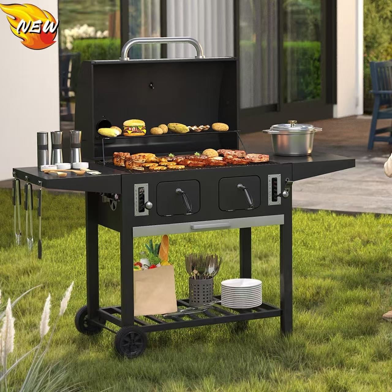 Charcoal Grill Flat Top Grill in Extra Large Cooking Space, Outdoor Camping Grill with Adjustable Charcoal Trays & 2 Side Shelves for BBQ, Party, Gard