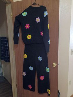 Knit Sweater/Pants With Crochet Flowers